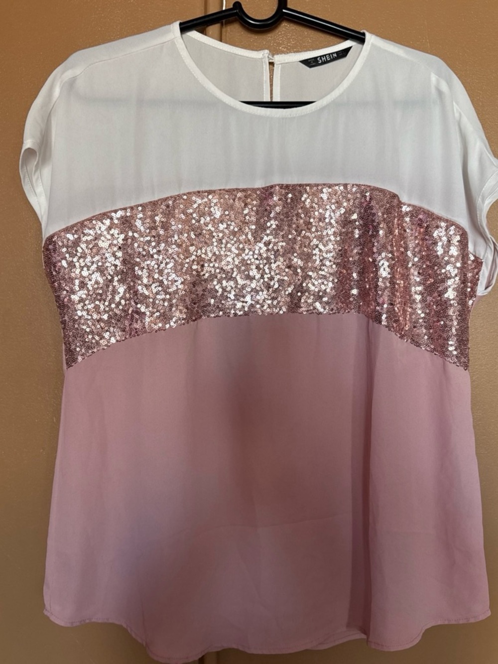 SHEIN White and Rose Pink Sequin Colorblock Blouse